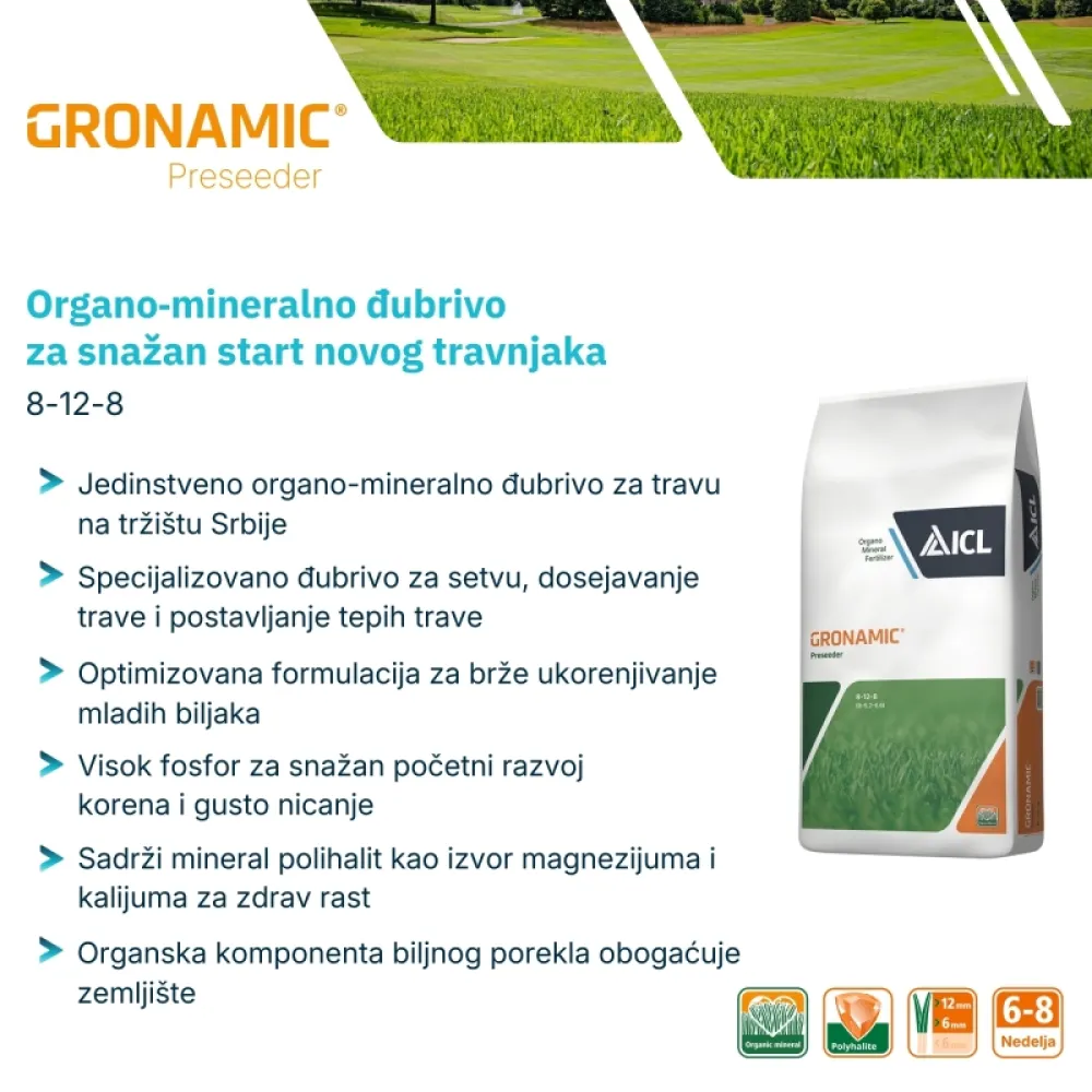 Gronamic Preseeder 8-12-8 organo-mineralno đubrivo za setvu i dosejavanje trave