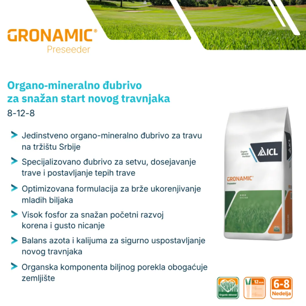 Gronamic Preseeder 8-12-8 organo-mineralno đubrivo za setvu i dosejavanje trave