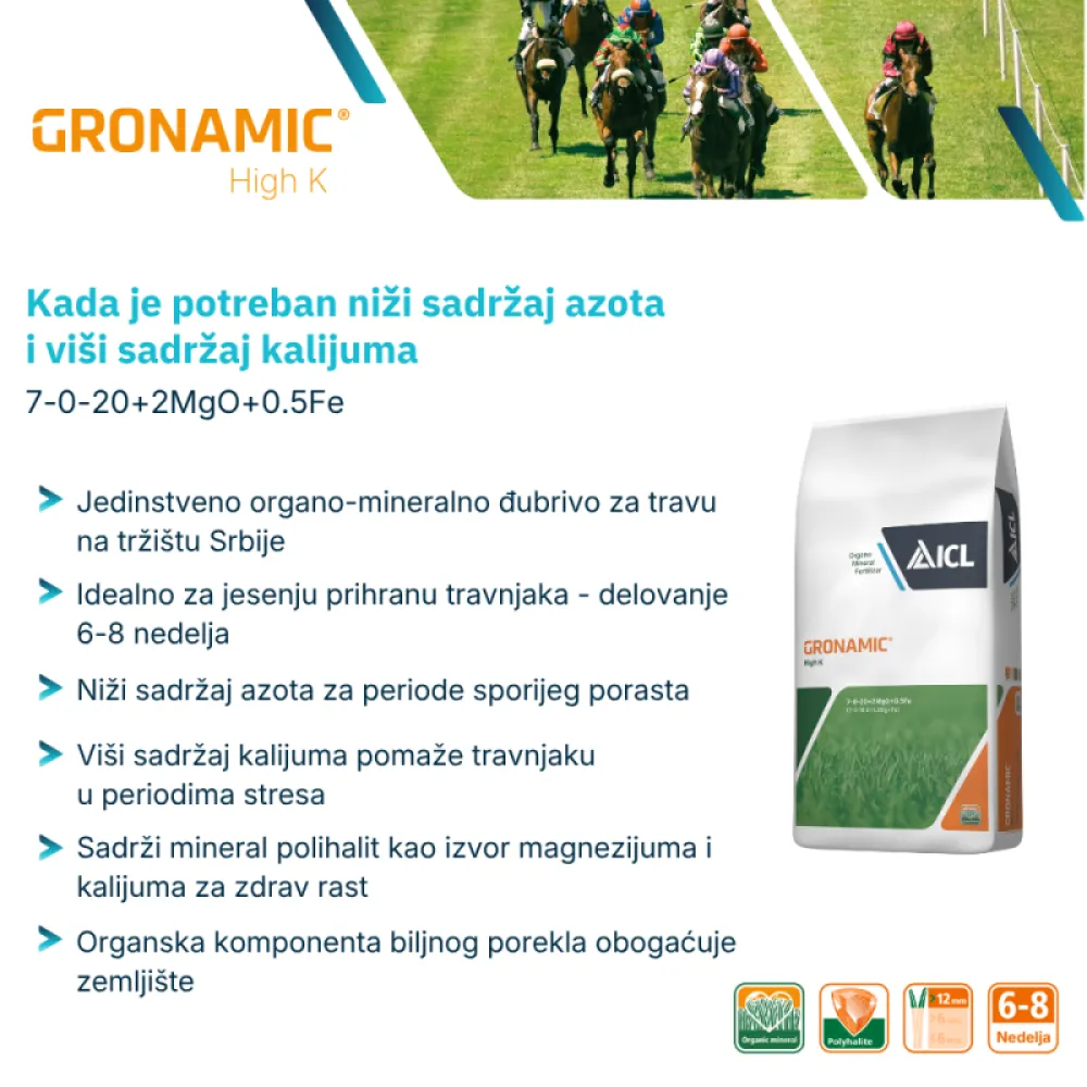 Gronamic High K 7-0-20+2MgO+0.5Fe organo-mineralno đubrivo za travu