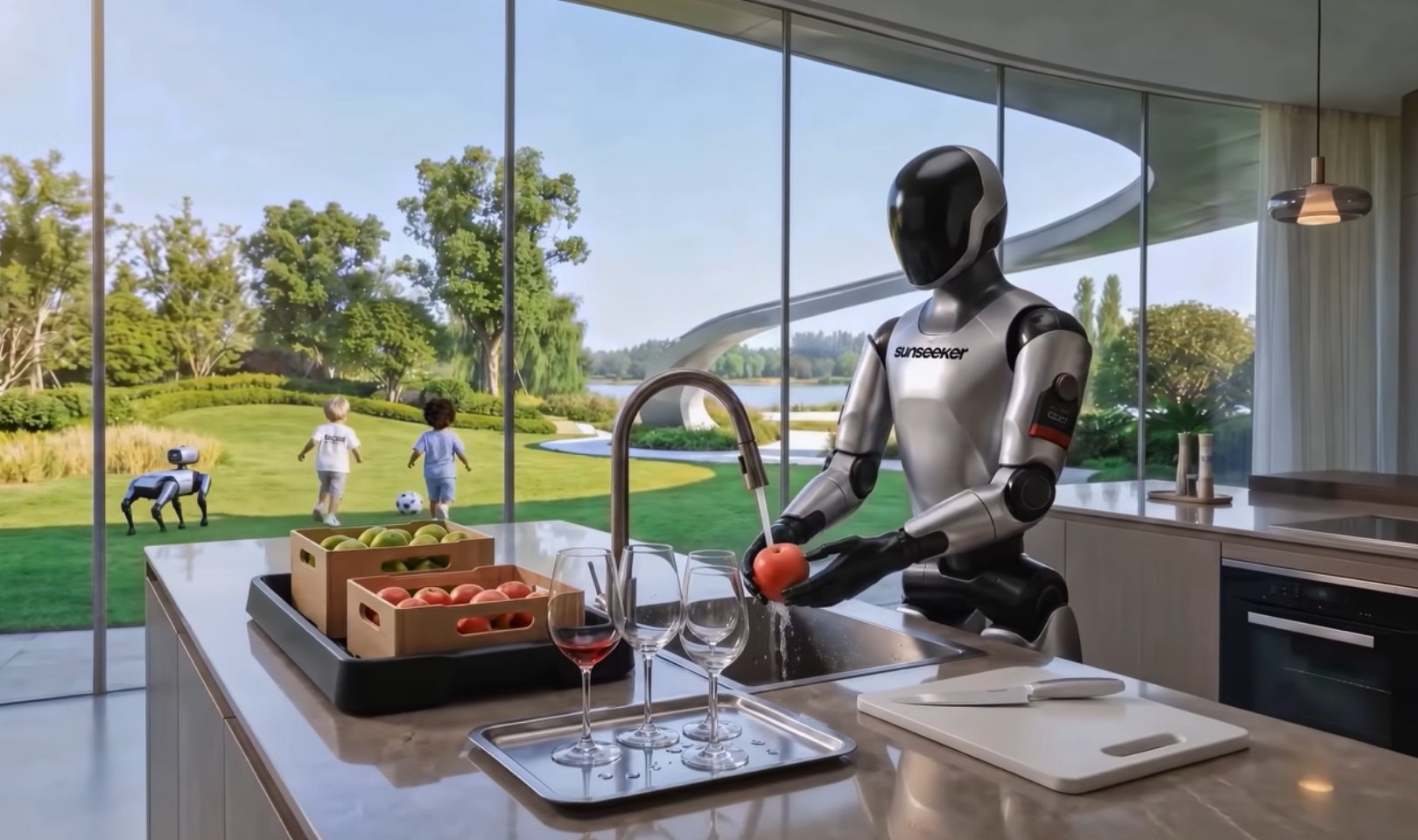 Futuristički Sunseeker robot obavlja kućni zadatak u kuhinji, dok se deca igraju u uređenom dvorištu
