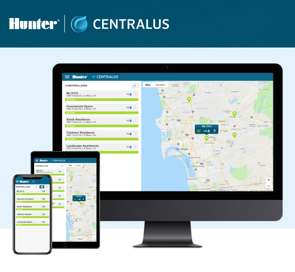 Hunter Centralus platforma za pregled i upravljanje više sistema za navodnjavanje na računaru, tabletu i telefonu