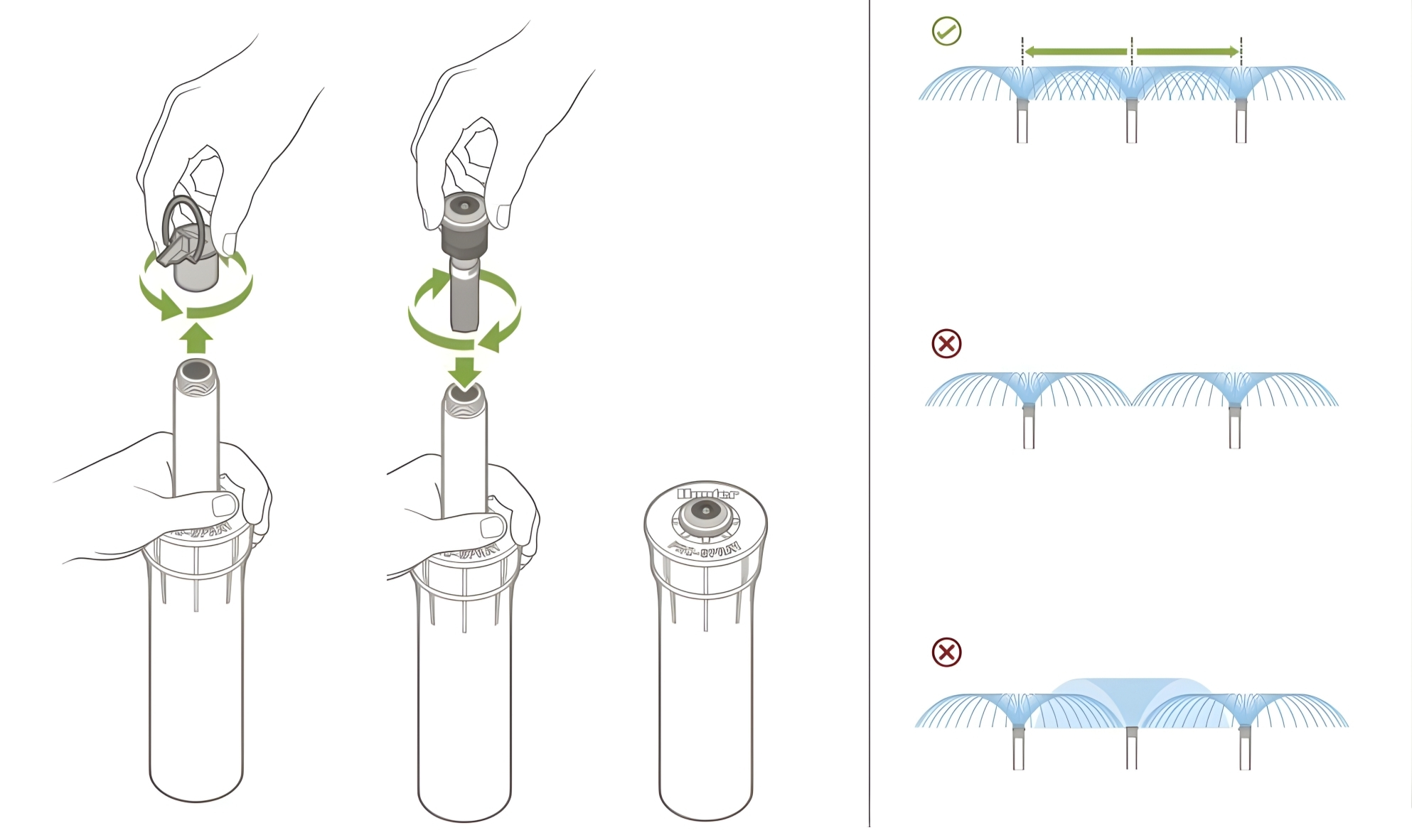 Instalacija MP Rotator dizne na telo prskalice i head-to-head preklapanje